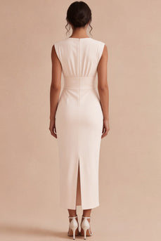 White V-Neck Ruched Sheath Long Engagement Dress with Slit