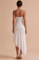 Load image into Gallery viewer, Floral White Strapless Asymmetrical Engagement Dress