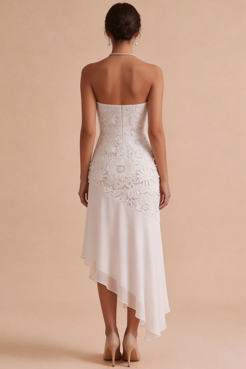 Load image into Gallery viewer, Floral White Strapless Asymmetrical Engagement Dress