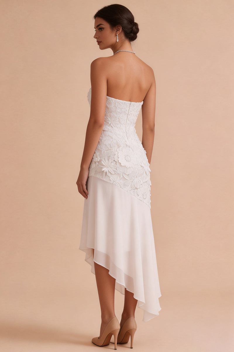Load image into Gallery viewer, Floral White Strapless Asymmetrical Engagement Dress