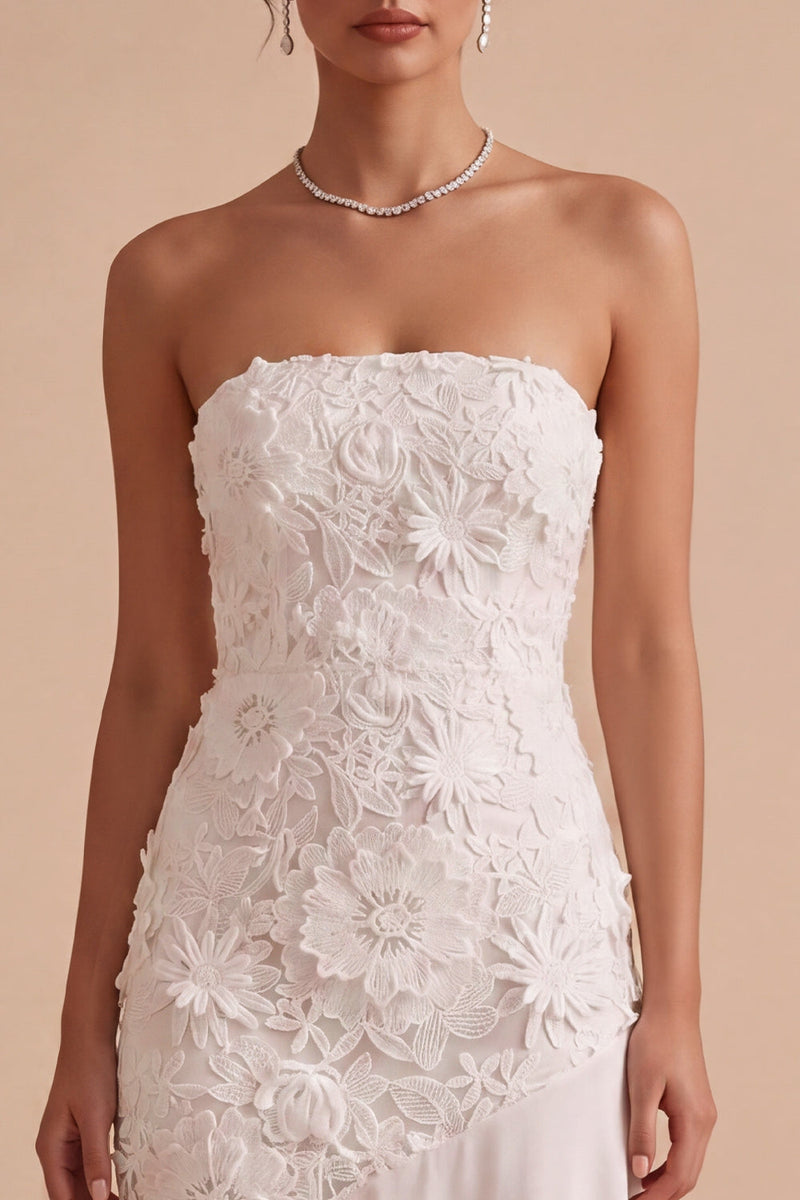 Load image into Gallery viewer, Floral White Strapless Asymmetrical Engagement Dress