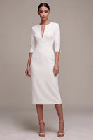 Load image into Gallery viewer, White V-Neck Bodycon Midi Engagement Dress with Sleeves