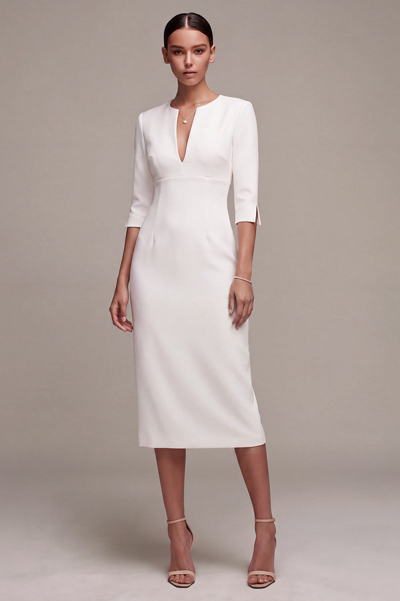 Load image into Gallery viewer, White V-Neck Bodycon Midi Engagement Dress with Sleeves