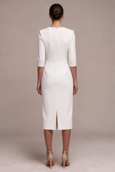White V-Neck Bodycon Midi Engagement Dress with Sleeves