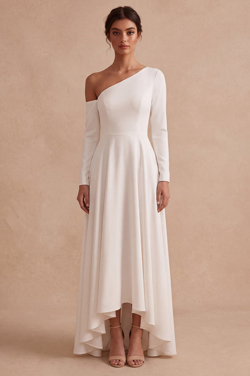 Load image into Gallery viewer, White One Shoulder A Line High-Low Engagement Dress with Sleeves