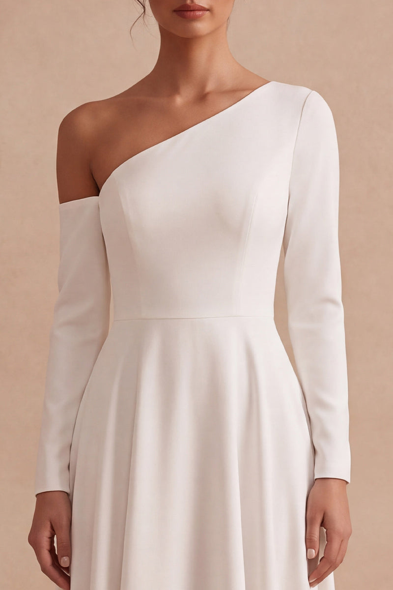 Load image into Gallery viewer, White One Shoulder A Line High-Low Engagement Dress with Sleeves