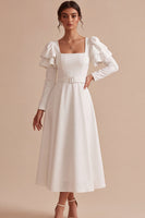 Load image into Gallery viewer, White A Line Ruffled Square Neck Midi Engagement Dress with Sleeves