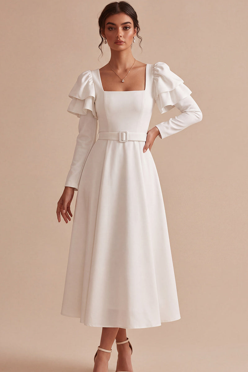 Load image into Gallery viewer, White A Line Ruffled Square Neck Midi Engagement Dress with Sleeves