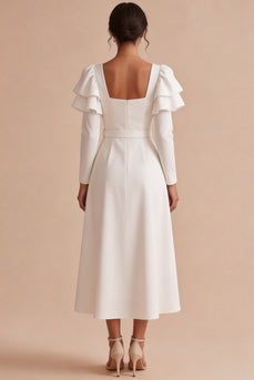 White A Line Ruffled Square Neck Midi Engagement Dress with Sleeves