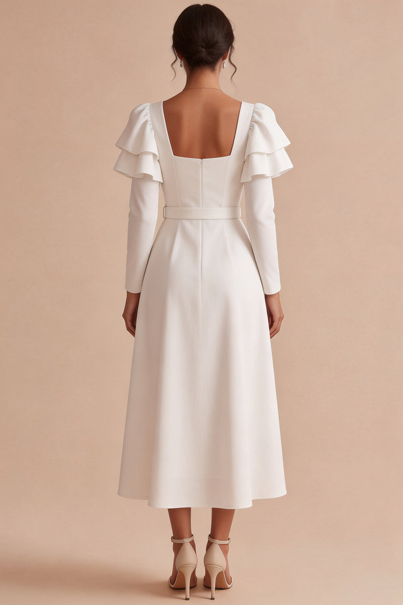 Load image into Gallery viewer, White A Line Ruffled Square Neck Midi Engagement Dress with Sleeves