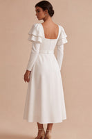 Load image into Gallery viewer, White A Line Ruffled Square Neck Midi Engagement Dress with Sleeves