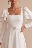 Load image into Gallery viewer, White A Line Ruffled Square Neck Midi Engagement Dress with Sleeves