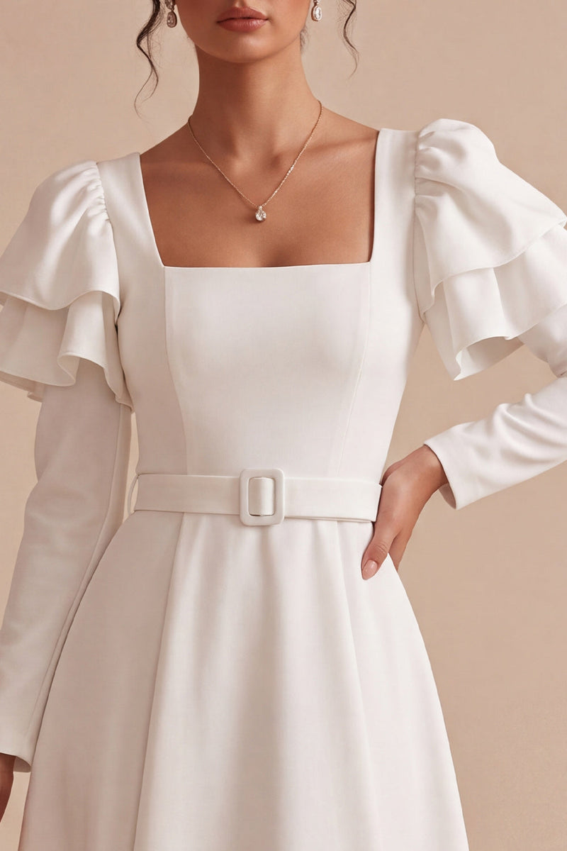 Load image into Gallery viewer, White A Line Ruffled Square Neck Midi Engagement Dress with Sleeves