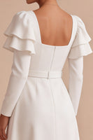 Load image into Gallery viewer, White A Line Ruffled Square Neck Midi Engagement Dress with Sleeves