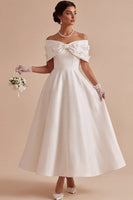 Load image into Gallery viewer, White Floral Satin A Line Long Engagement Dress with Bow