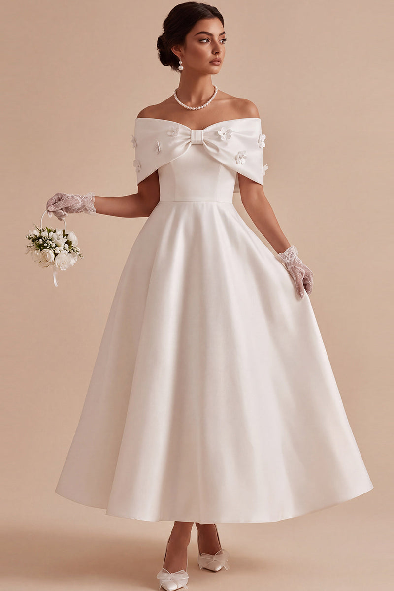 Load image into Gallery viewer, White Floral Satin A Line Long Engagement Dress with Bow
