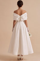 Load image into Gallery viewer, White Floral Satin A Line Long Engagement Dress with Bow