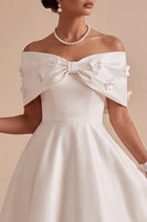 Load image into Gallery viewer, White Floral Satin A Line Long Engagement Dress with Bow
