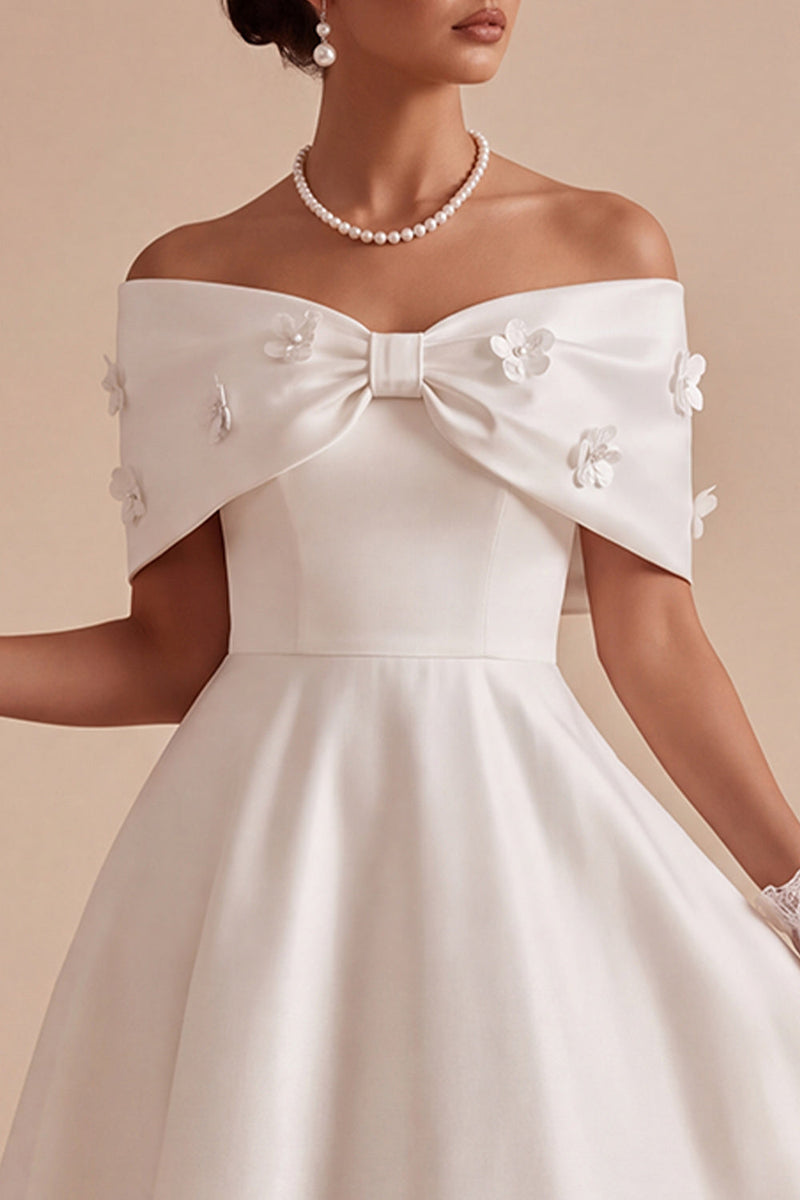 Load image into Gallery viewer, White Floral Satin A Line Long Engagement Dress with Bow