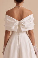 Load image into Gallery viewer, White Floral Satin A Line Long Engagement Dress with Bow