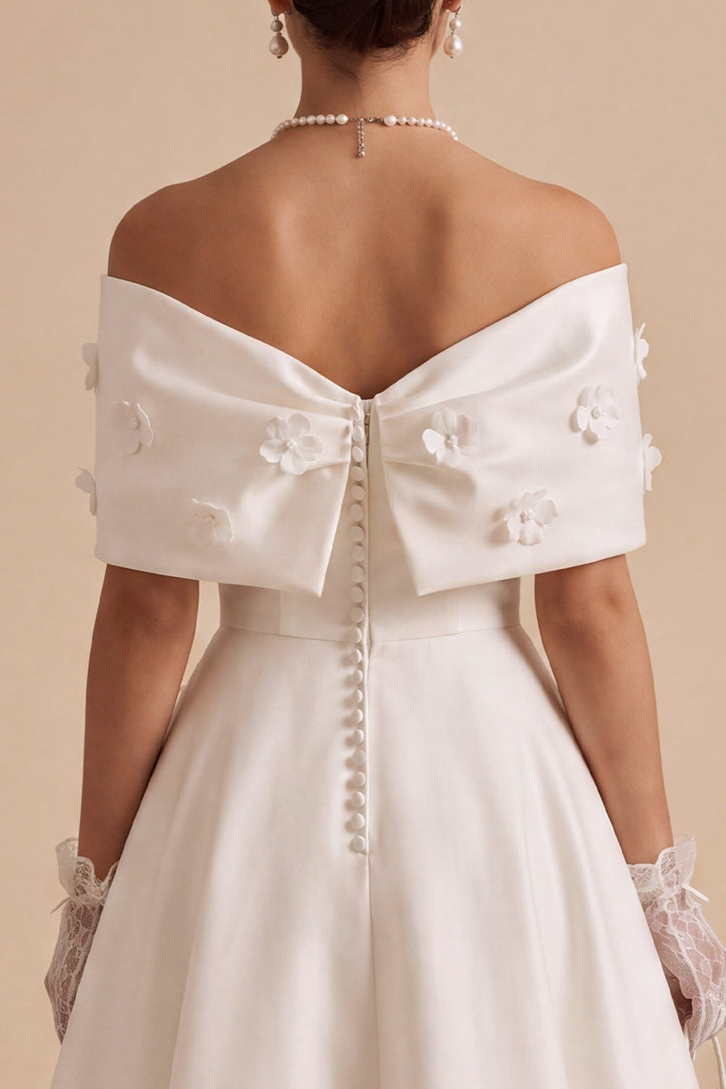 Load image into Gallery viewer, White Floral Satin A Line Long Engagement Dress with Bow