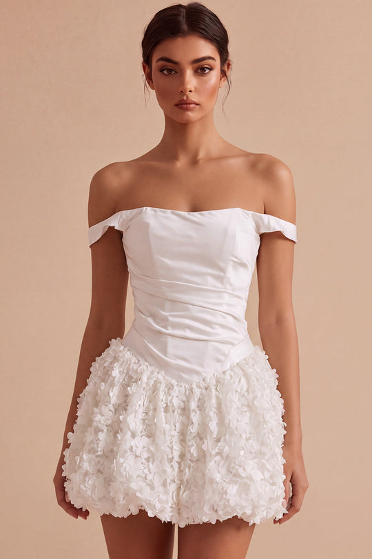 White Corset A Line Short Ruched Graduation Dress with 3D Flower
