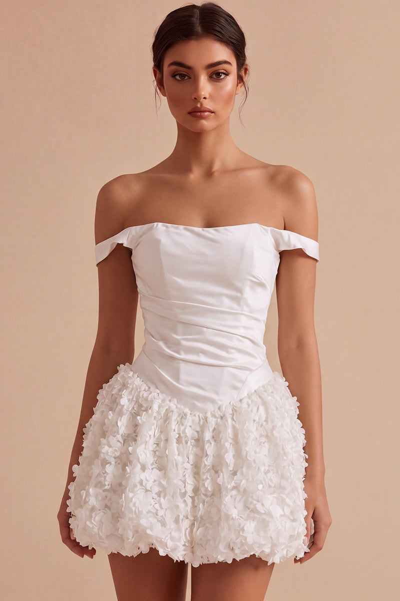 Load image into Gallery viewer, White Corset A Line Short Ruched Graduation Dress with 3D Flower