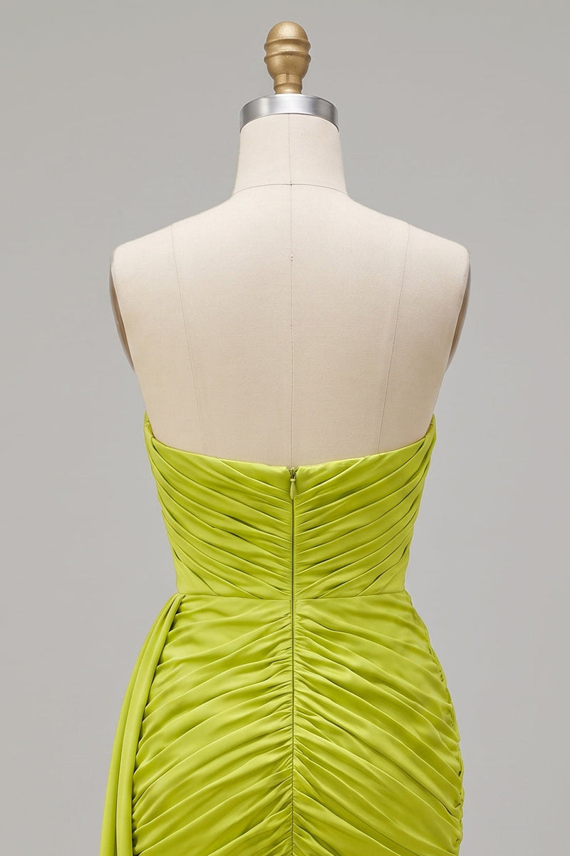 Load image into Gallery viewer, Tight Yellow Green Strapless Ruched Short Cocktail Dress with Sash