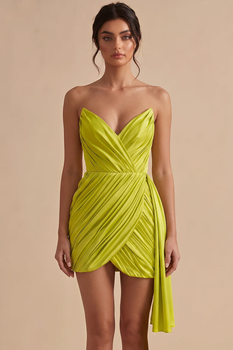 Load image into Gallery viewer, Tight Yellow Green Strapless Ruched Short Cocktail Dress with Sash