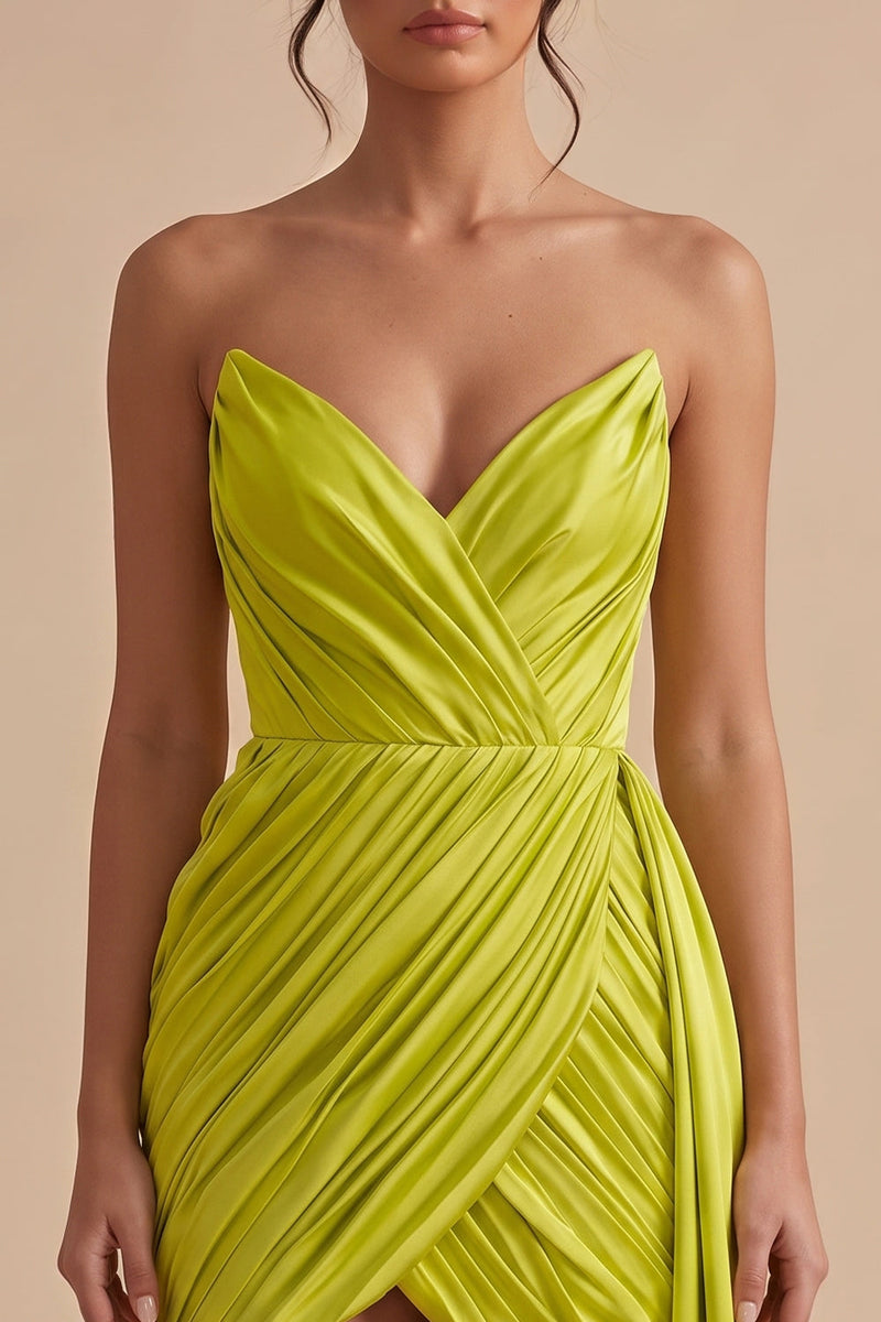 Load image into Gallery viewer, Tight Yellow Green Strapless Ruched Short Cocktail Dress with Sash