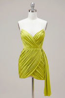 Load image into Gallery viewer, Tight Yellow Green Strapless Ruched Short Cocktail Dress with Sash
