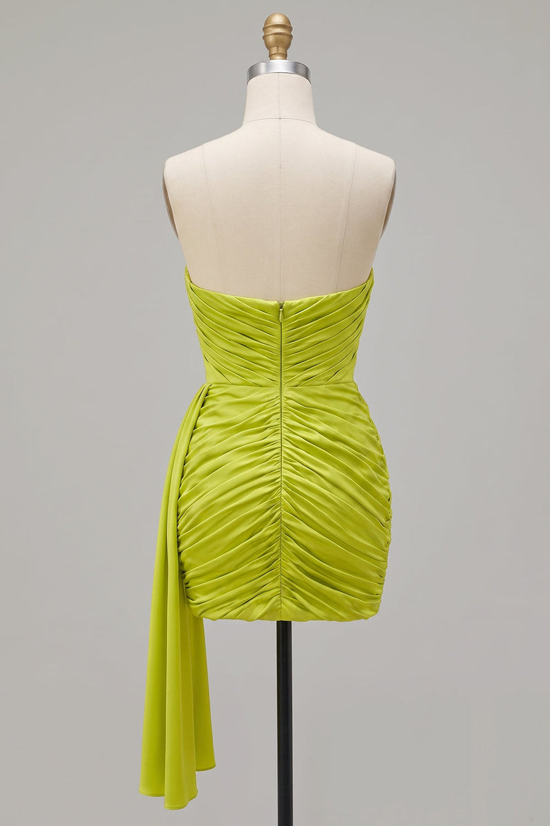 Load image into Gallery viewer, Tight Yellow Green Strapless Ruched Short Cocktail Dress with Sash
