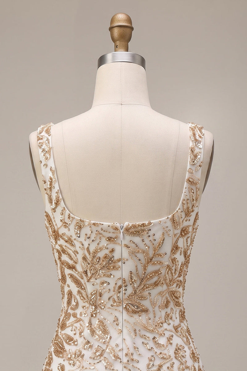 Load image into Gallery viewer, Bodycon Champagne Floral Sparkly Sequin Short Cocktail Dress with Slit