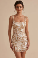 Load image into Gallery viewer, Bodycon Champagne Floral Sparkly Sequin Short Cocktail Dress with Slit