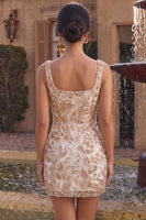 Load image into Gallery viewer, Bodycon Champagne Floral Sparkly Sequin Short Cocktail Dress with Slit