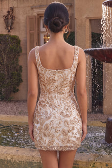 Bodycon Champagne Floral Sparkly Sequin Short Cocktail Dress with Slit