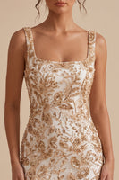 Load image into Gallery viewer, Bodycon Champagne Floral Sparkly Sequin Short Cocktail Dress with Slit