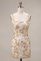 Load image into Gallery viewer, Bodycon Champagne Floral Sparkly Sequin Short Cocktail Dress with Slit