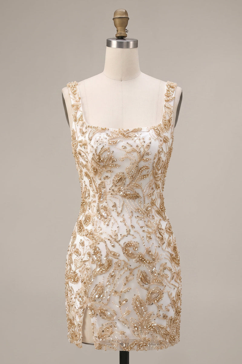 Load image into Gallery viewer, Bodycon Champagne Floral Sparkly Sequin Short Cocktail Dress with Slit