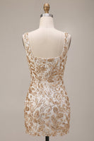 Load image into Gallery viewer, Bodycon Champagne Floral Sparkly Sequin Short Cocktail Dress with Slit
