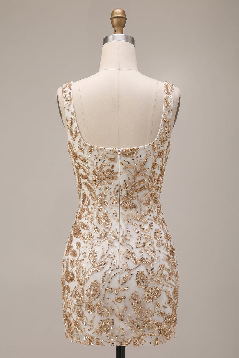 Load image into Gallery viewer, Bodycon Champagne Floral Sparkly Sequin Short Cocktail Dress with Slit