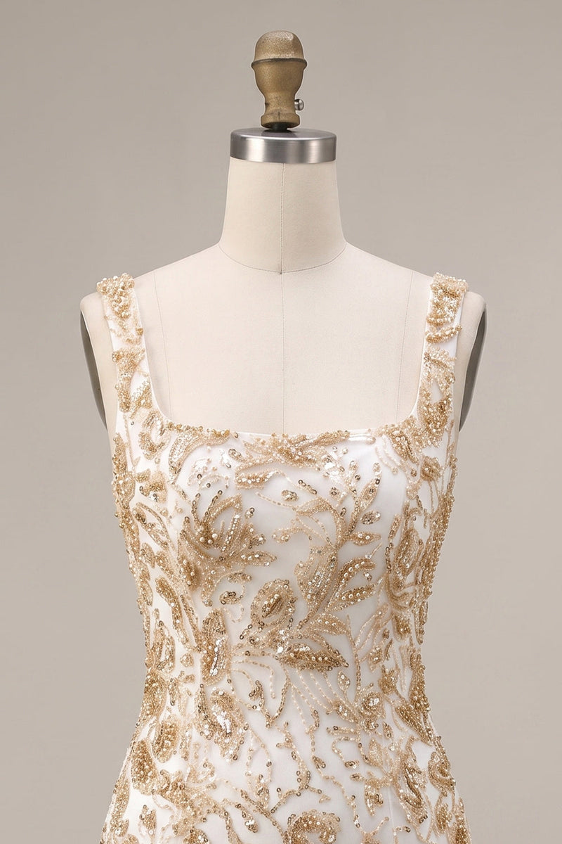 Load image into Gallery viewer, Bodycon Champagne Floral Sparkly Sequin Short Cocktail Dress with Slit