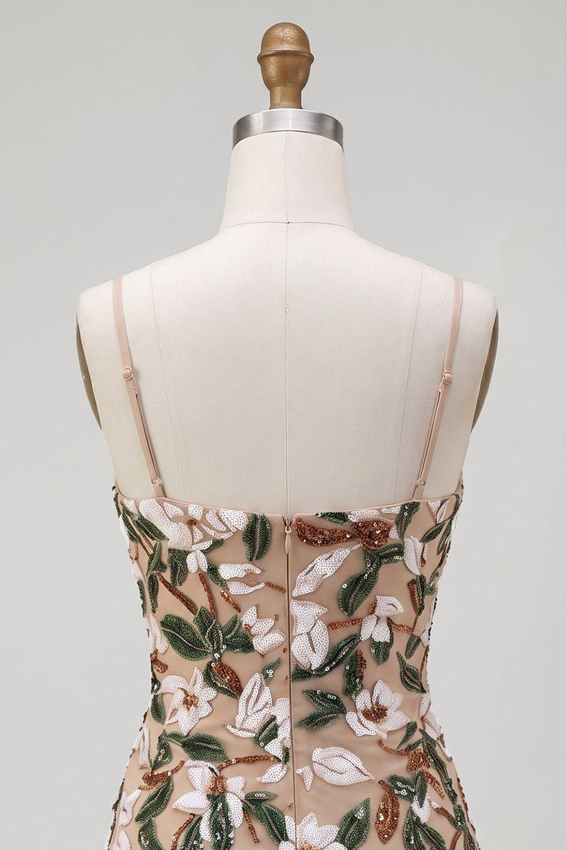 Load image into Gallery viewer, Corset Sparkly Light Khaki Tight Floral Short Cocktail Dress with Sequins