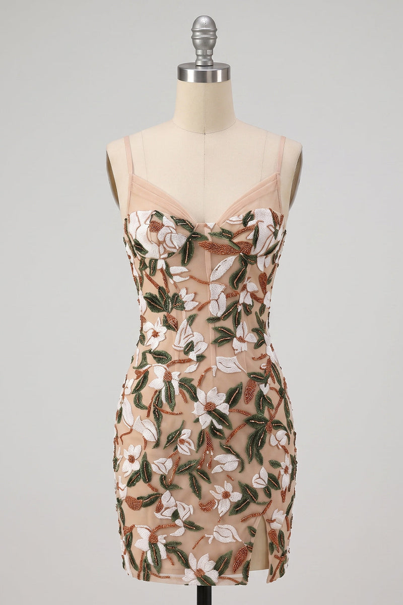 Load image into Gallery viewer, Corset Sparkly Light Khaki Tight Floral Short Cocktail Dress with Sequins