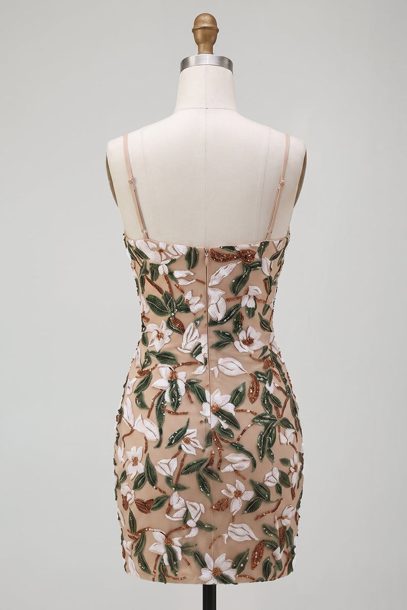 Load image into Gallery viewer, Corset Sparkly Light Khaki Tight Floral Short Cocktail Dress with Sequins