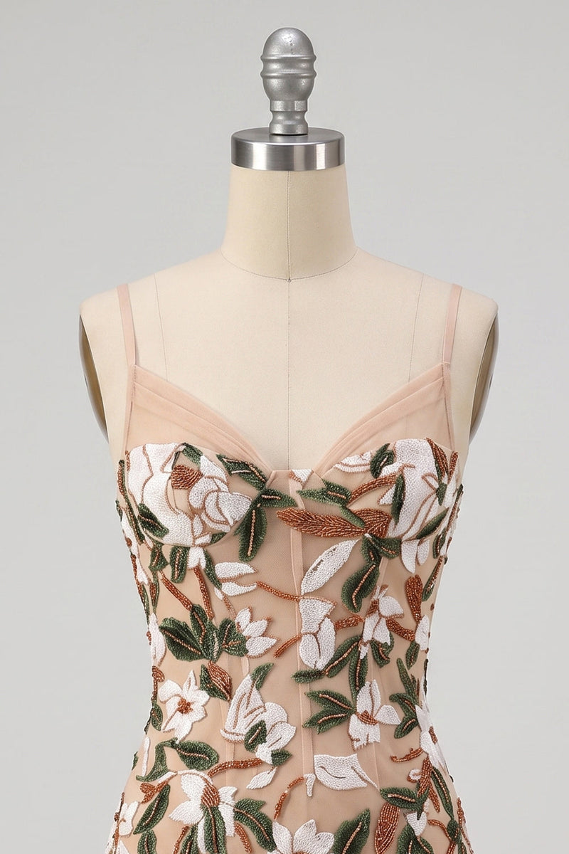 Load image into Gallery viewer, Corset Sparkly Light Khaki Tight Floral Short Cocktail Dress with Sequins