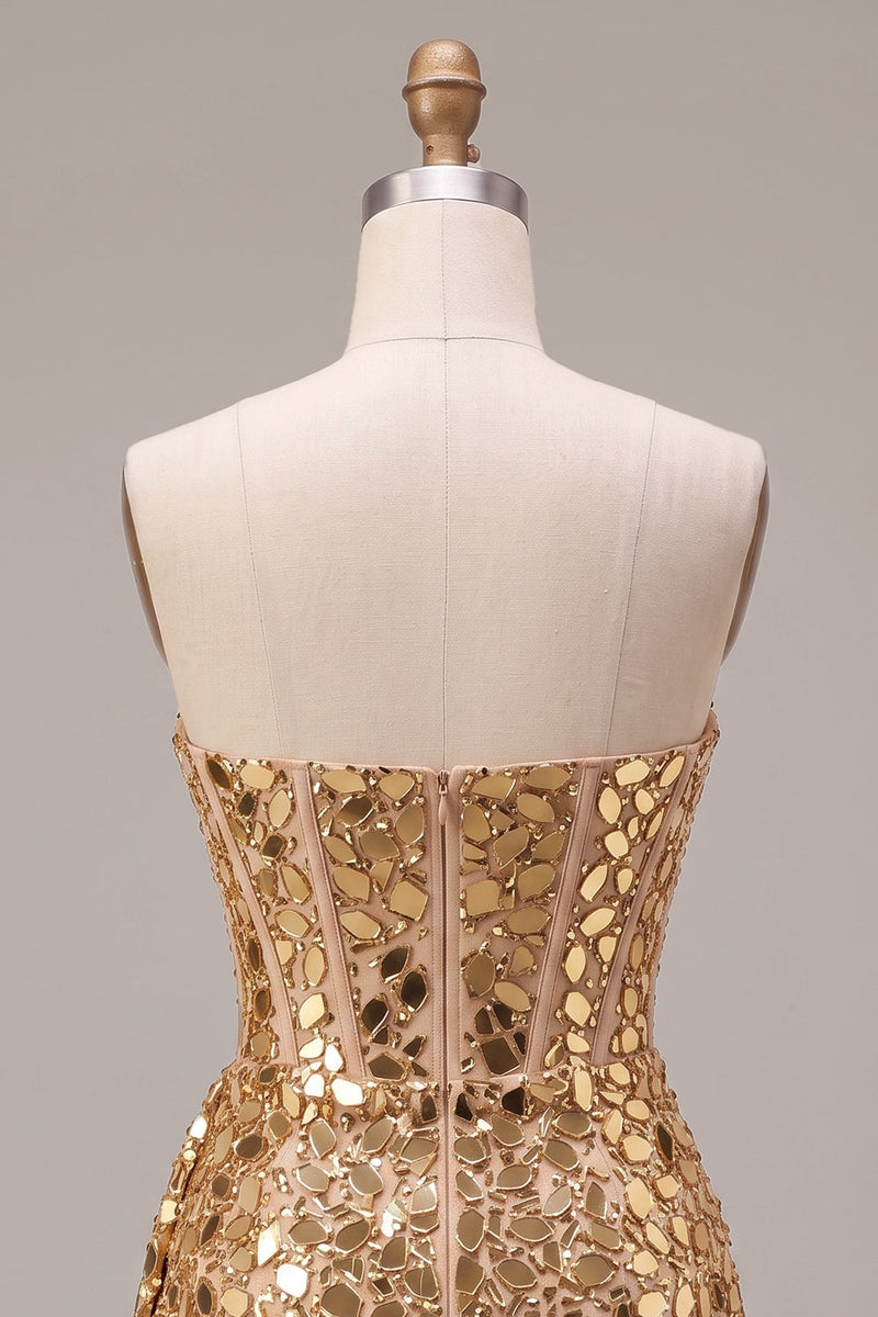 Load image into Gallery viewer, Sparkly Gold Bodycon Ruched Corset Sequin Short Cocktail Dress with Mirrors