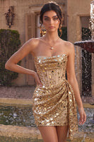 Load image into Gallery viewer, Sparkly Gold Bodycon Ruched Corset Sequin Short Cocktail Dress with Mirrors