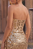 Load image into Gallery viewer, Sparkly Gold Bodycon Ruched Corset Sequin Short Cocktail Dress with Mirrors