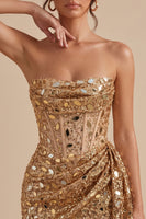 Load image into Gallery viewer, Sparkly Gold Bodycon Ruched Corset Sequin Short Cocktail Dress with Mirrors
